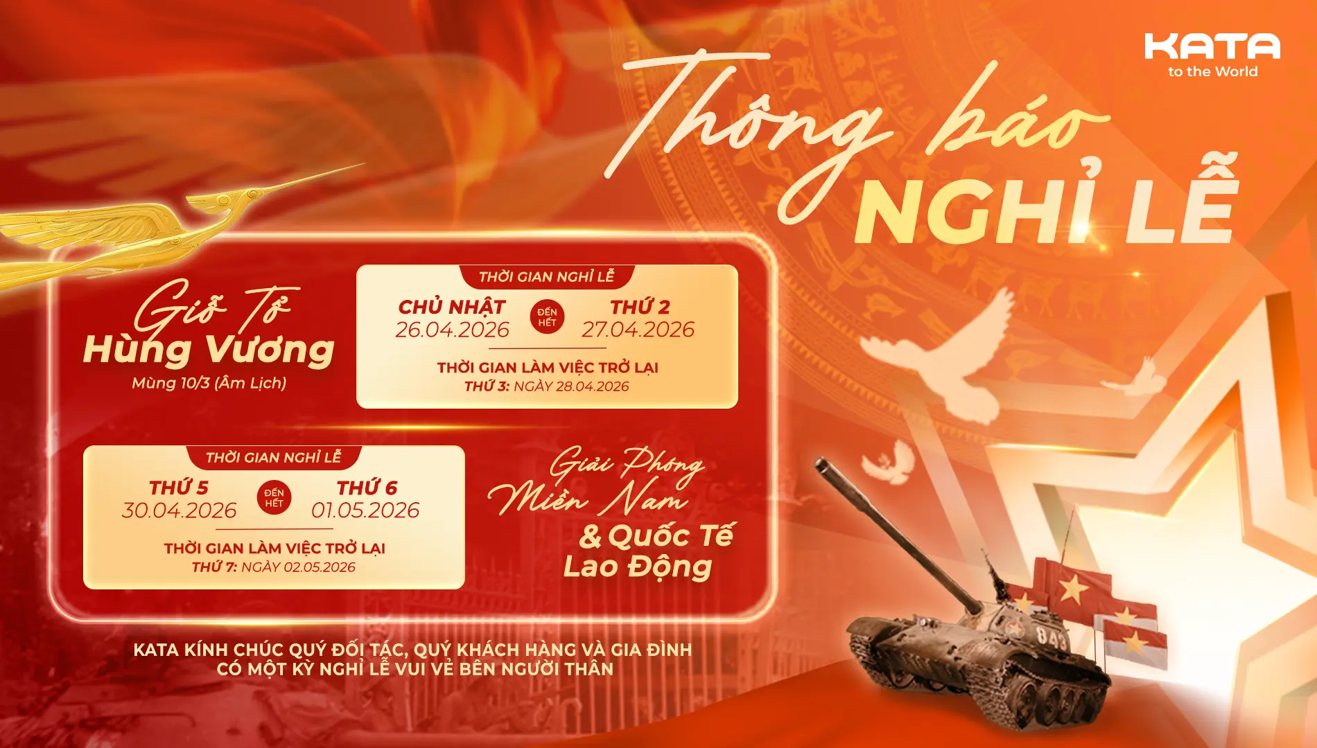 KATA Thông báo nghỉ Lễ Giỗ tổ Hùng Vương và 30/4-1/5/2026