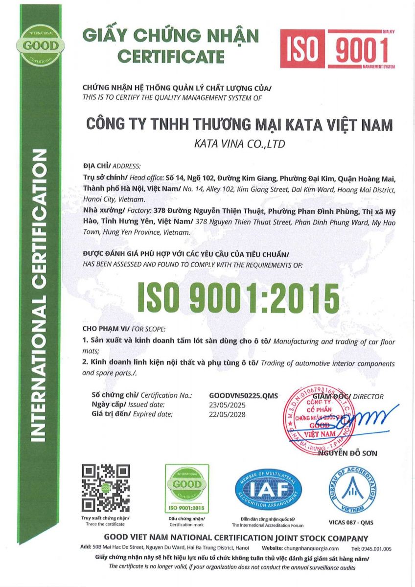 Giấy chứng nhận KATAVINA đạt tiêu chuẩn ISO 9001:2015 2025-2028
