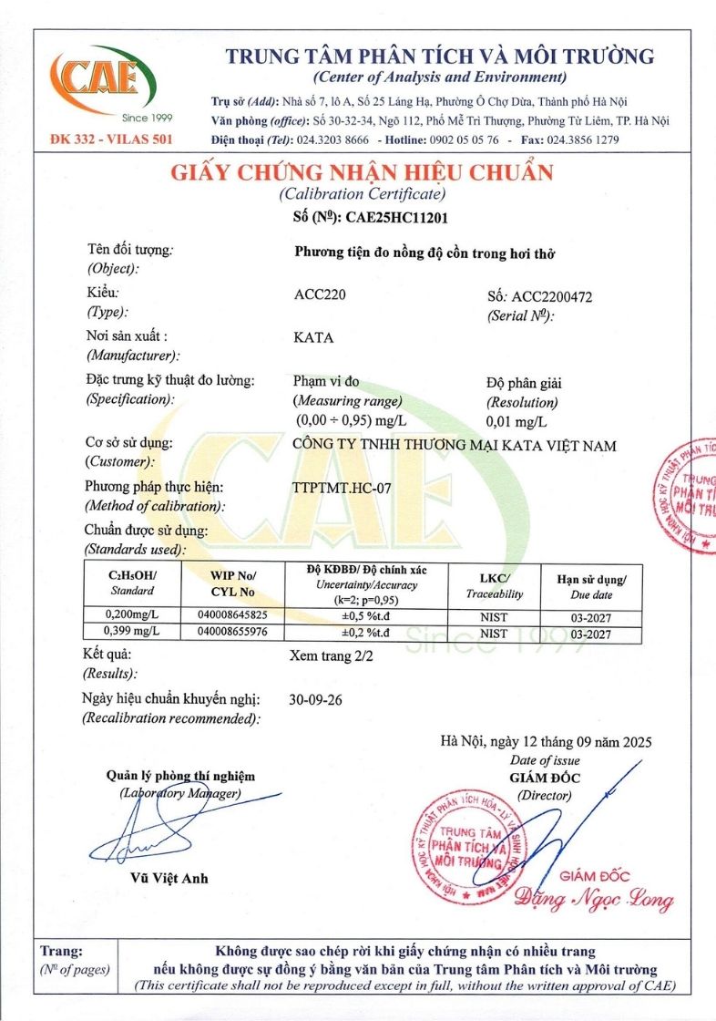 Giấy chứng nhận hiệu chuẩn KATA ACC220 từ Trung tâm phân tích và Môi trường
